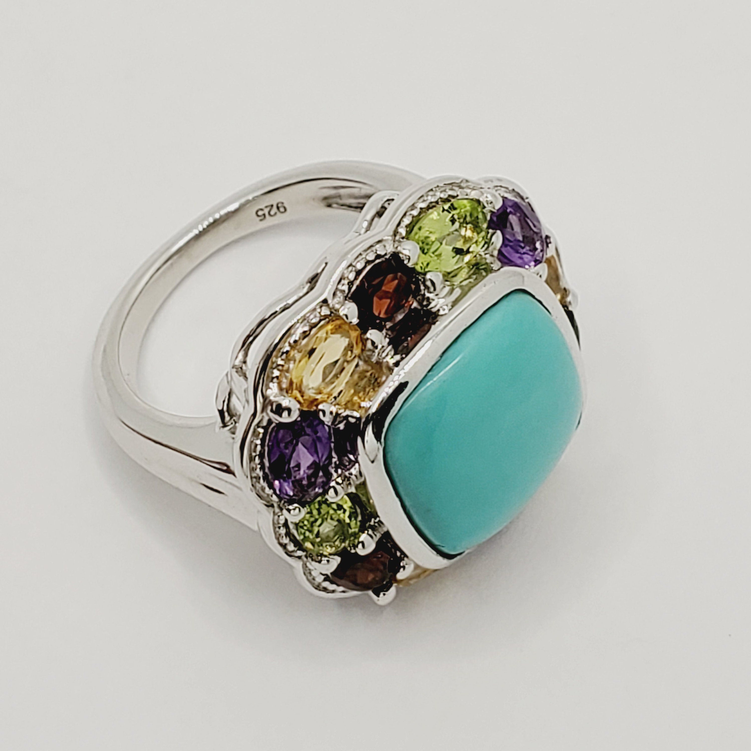 Sterling Silver Square Turquoise Ring with Genuine Gemstone, Family Birthstone Ring, Dainty Birthstone Ring, Multiple Birthstone Ring