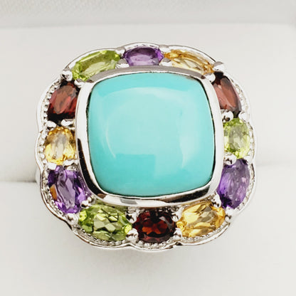 Sterling Silver Square Turquoise Ring with Genuine Gemstone, Family Birthstone Ring, Dainty Birthstone Ring, Multiple Birthstone Ring