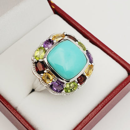 Sterling Silver Square Turquoise Ring with Genuine Gemstone, Family Birthstone Ring, Dainty Birthstone Ring, Multiple Birthstone Ring