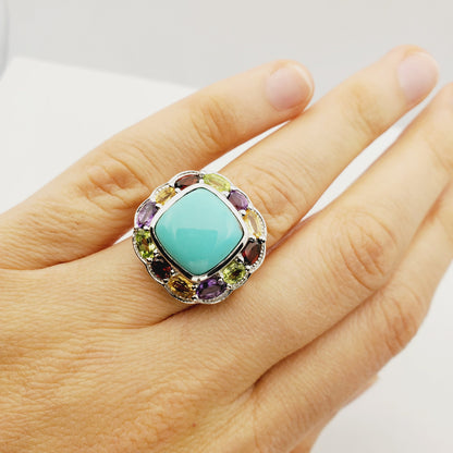 Sterling Silver Square Turquoise Ring with Genuine Gemstone, Family Birthstone Ring, Dainty Birthstone Ring, Multiple Birthstone Ring