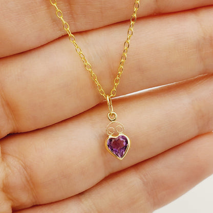 Gold Amethyst Pendant Necklace,  14K Yellow Gold Genuine Heart Shape Amethyst Pendant, Purple Gemstone Charm for Ladies