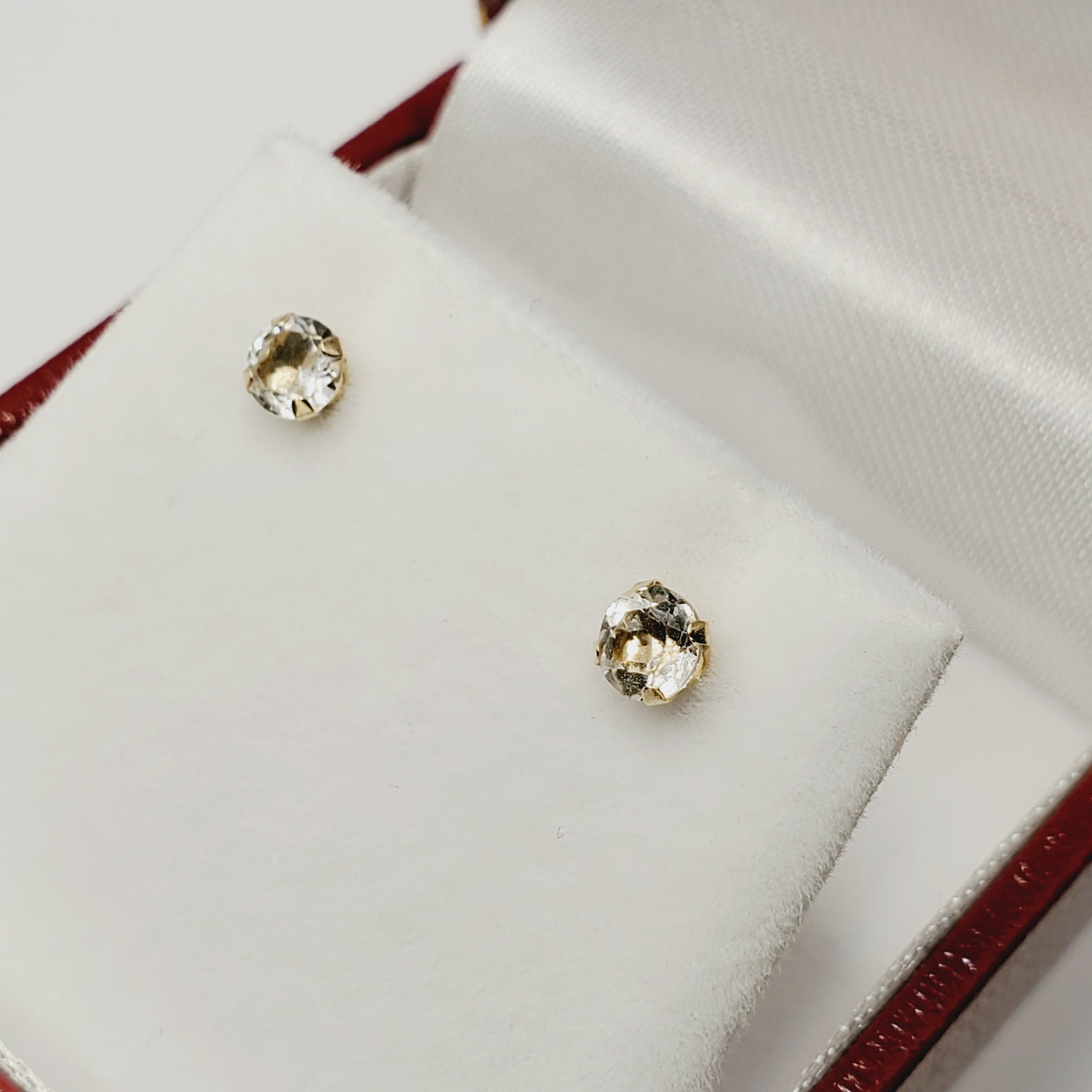 Gold White Topaz Earrings, 14K Yellow Gold Genuine  White Topaz 4x4mm stud Earrings, Handmade Earrings, Gift for her, Cute Stud Earrings