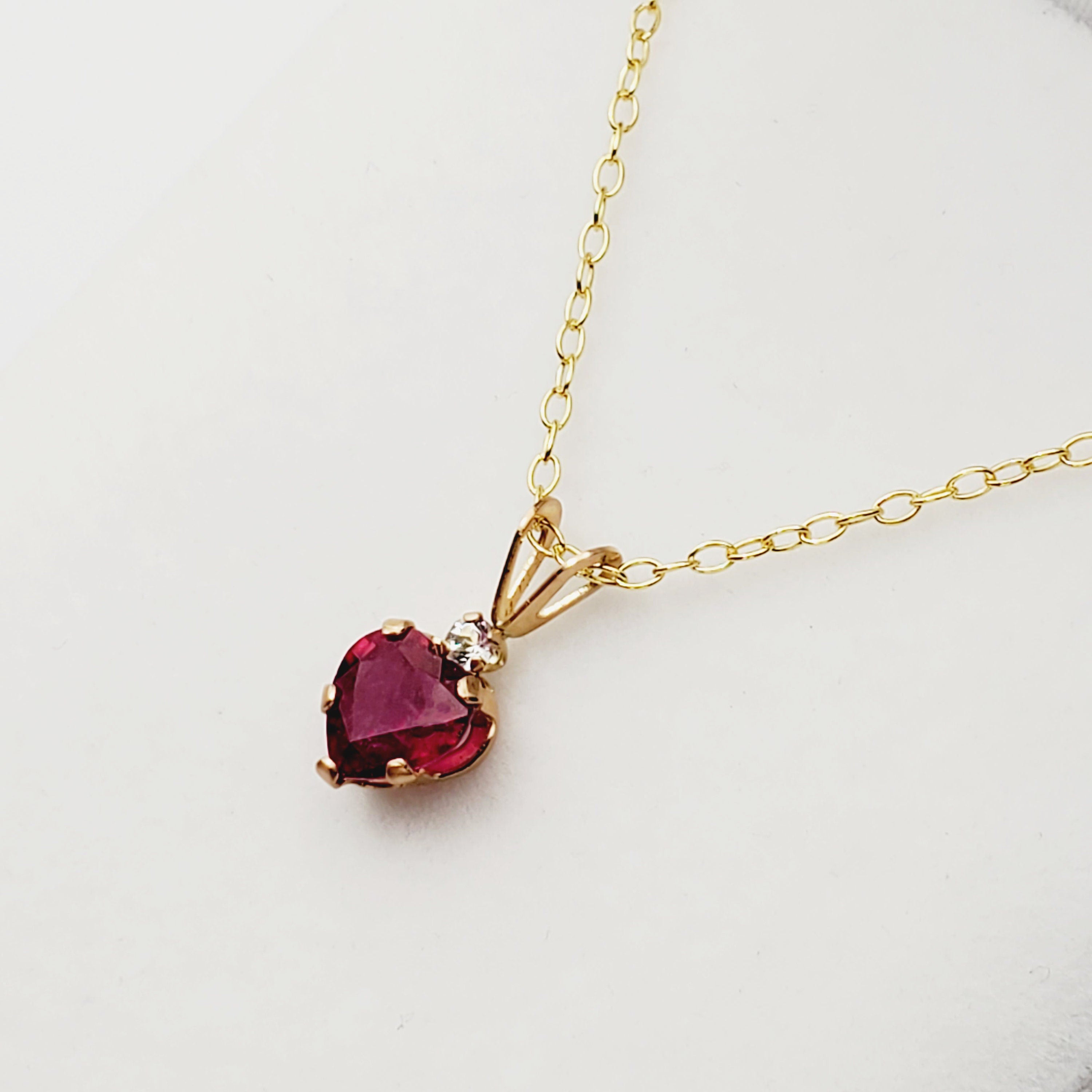 Gold Ruby Pendant Necklace, 10K Yellow Gold Heart Shape Genuine Ruby 6x6mm with White Topaz Pendant, July Birthstone