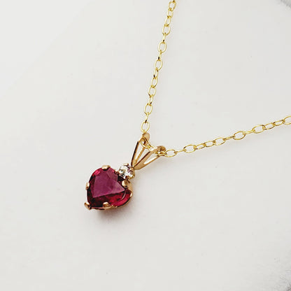 Gold Ruby Pendant Necklace, 10K Yellow Gold Heart Shape Genuine Ruby 6x6mm with White Topaz Pendant, July Birthstone