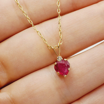 Gold Ruby Pendant Necklace, 10K Yellow Gold Heart Shape Genuine Ruby 6x6mm with White Topaz Pendant, July Birthstone