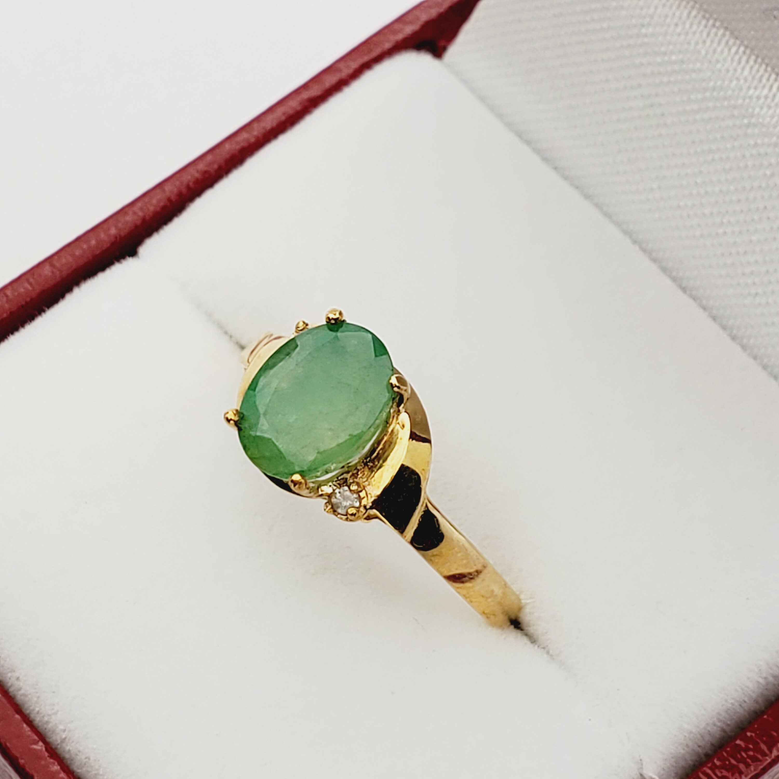 Gold Natural Emerald Ring , 10K Yellow Gold Natural Emerald 8x6mm Ring with Diamonds, May Birthstone, Emerald Jewelry, Green Gemstone Ring