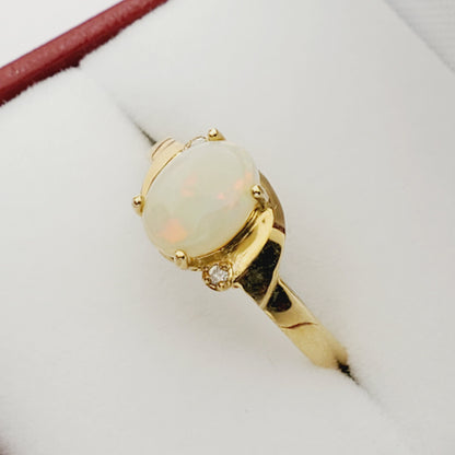 Gold Opal Ring, 10K Yellow Gold Genuine Opal 8x6mm with Diamond Ring, Gemstone Rings, Engagement Rings, Rings For Women, October Birthstone
