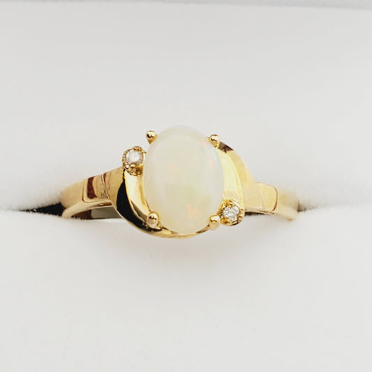 Gold Opal Ring, 10K Yellow Gold Genuine Opal 8x6mm with Diamond Ring, Gemstone Rings, Engagement Rings, Rings For Women, October Birthstone