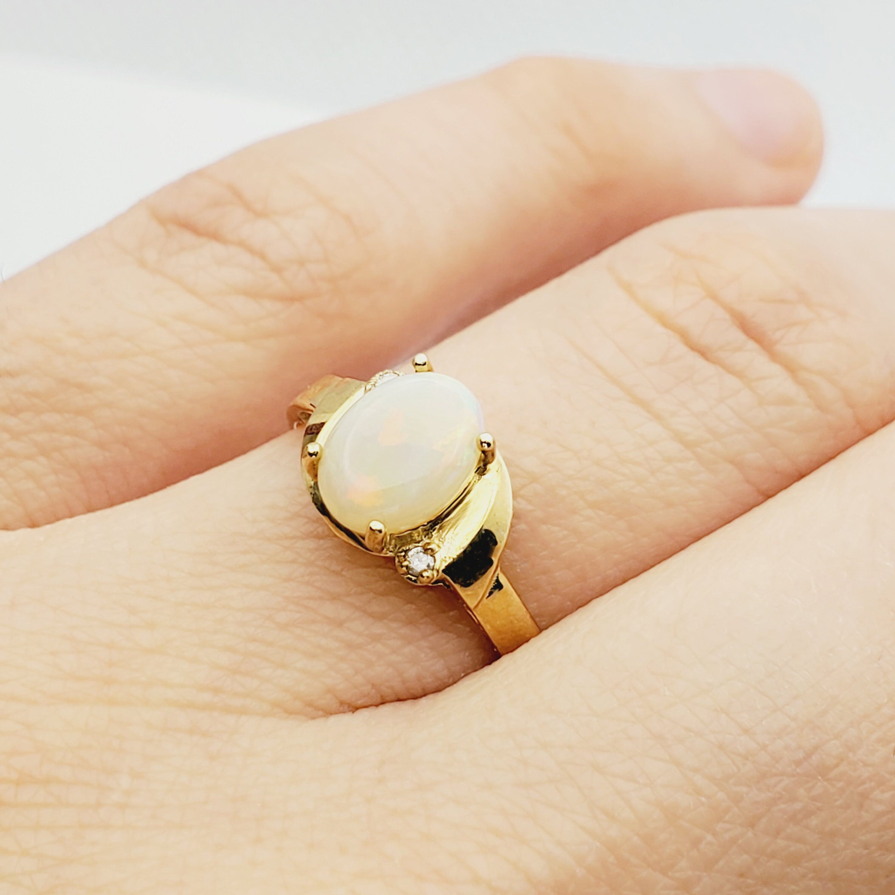 Gold Opal Ring, 10K Yellow Gold Genuine Opal 8x6mm with Diamond Ring, Gemstone Rings, Engagement Rings, Rings For Women, October Birthstone