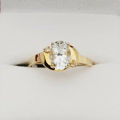 Aquamarine Ring | 10K Yellow Gold Genuine Aquamarine 8x6mm and Diamond (0.02ct) Ring