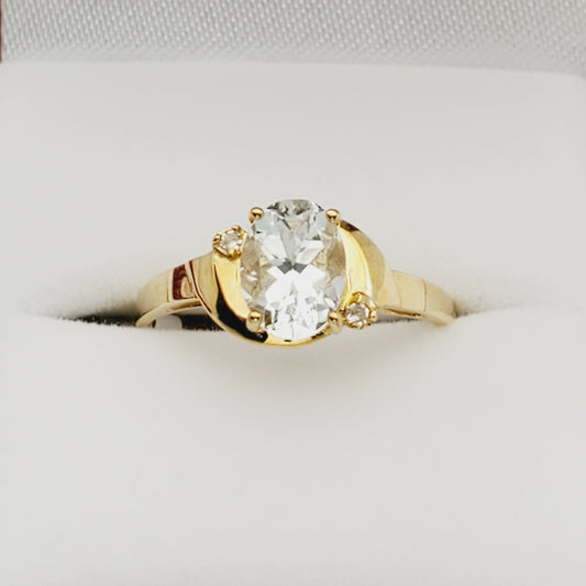 Aquamarine Ring | 10K Yellow Gold Genuine Aquamarine 8x6mm and Diamond (0.02ct) Ring