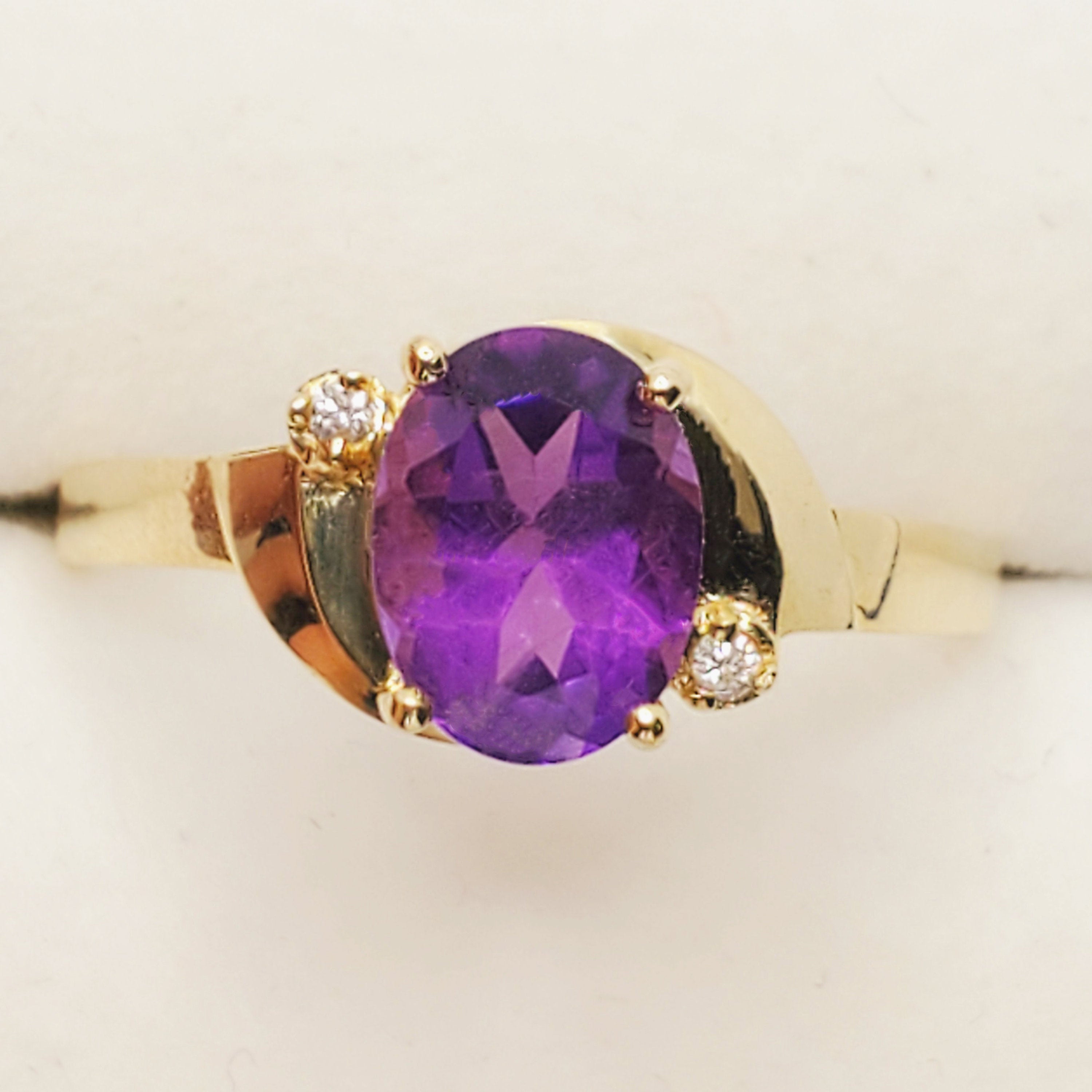 Gold Amethyst Ring, 10K Yellow Gold Amethyst 8x6mm and Diamond (0.02ct) Ring, February Birthstone, Birthstone Ring, Statement Ring