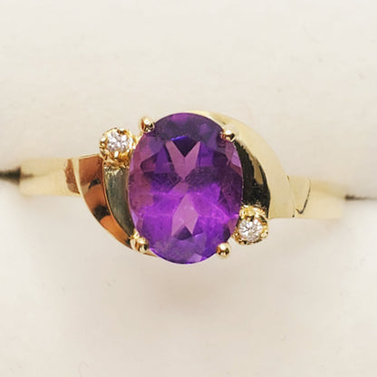 Gold Amethyst Ring, 10K Yellow Gold Amethyst 8x6mm and Diamond (0.02ct) Ring, February Birthstone, Birthstone Ring, Statement Ring