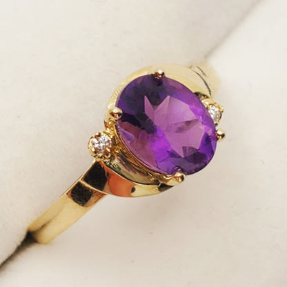 Gold Amethyst Ring, 10K Yellow Gold Amethyst 8x6mm and Diamond (0.02ct) Ring, February Birthstone, Birthstone Ring, Statement Ring