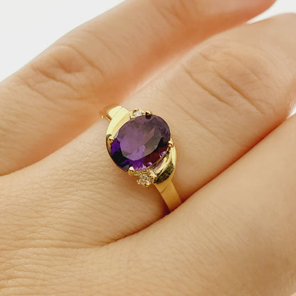 Gold Amethyst Ring, 10K Yellow Gold Amethyst 8x6mm and Diamond (0.02ct) Ring, February Birthstone, Birthstone Ring, Statement Ring