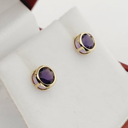 Gold Amethyst Stud Earrings, 14K Yellow Gold Genuine Amethyst 5x5mm Bezel Stud Earrings, Birthday Gift, February Birthstone
