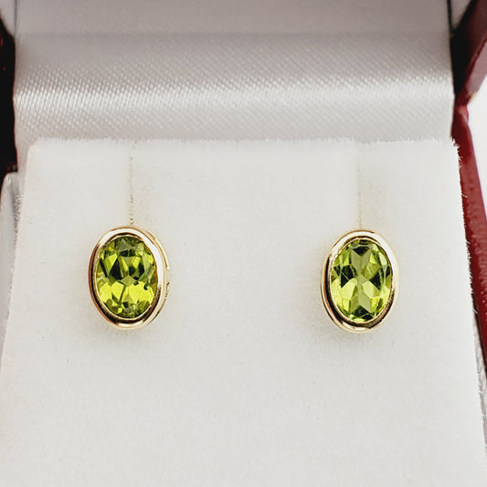 Gold Peridot Bezel Stud Earrings, 14K Yellow Gold Genuine Peridot 8x6mm Earrings, August Birthstone, Green Gemstone Earrings For Women