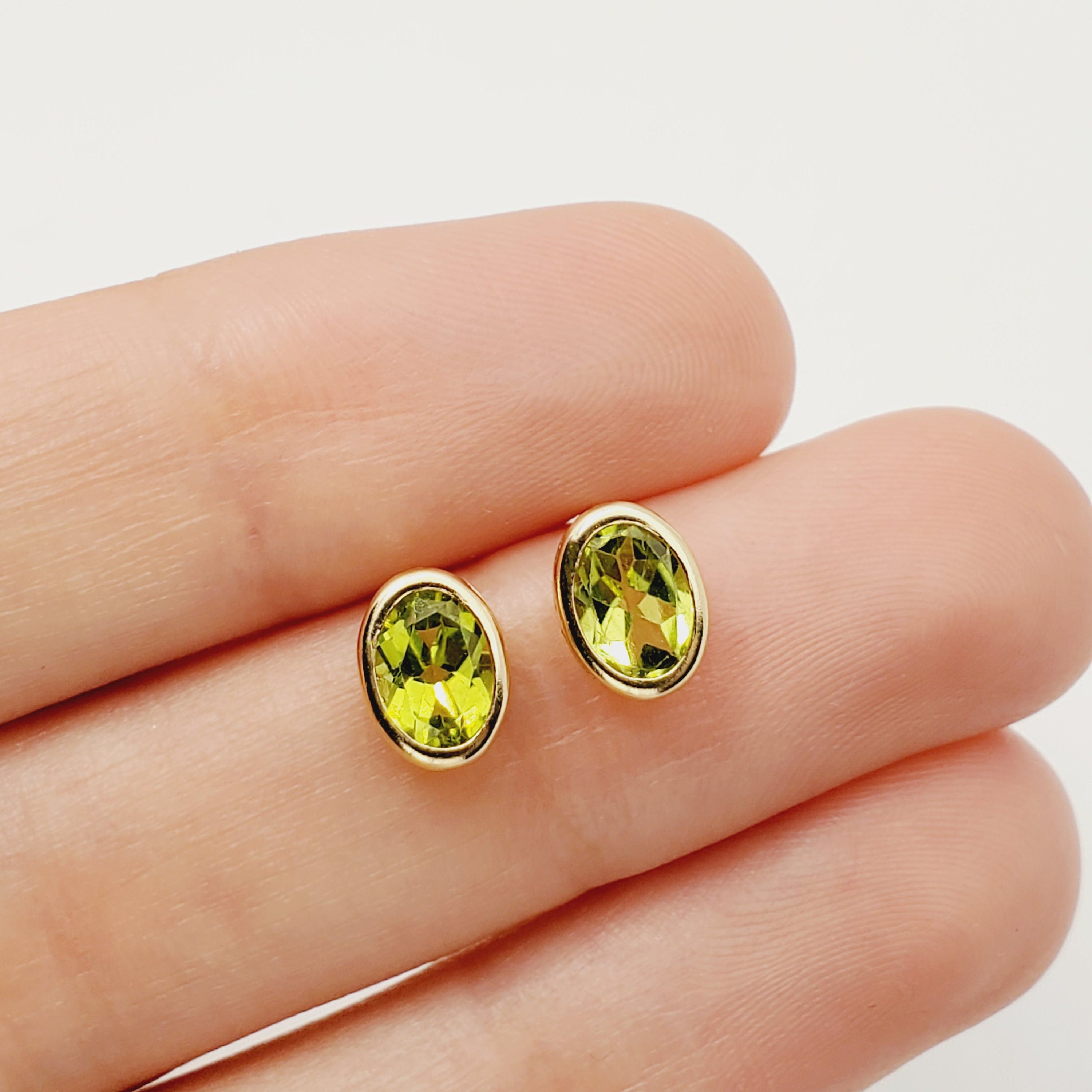 Gold Peridot Bezel Stud Earrings, 14K Yellow Gold Genuine Peridot 8x6mm Earrings, August Birthstone, Green Gemstone Earrings For Women