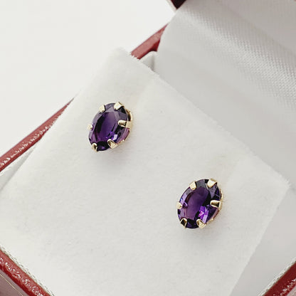 Gold Amethyst Stud Earrings | 10K Yellow Gold Genuine Amethyst 7x5mm Stud Earrings, February Birthstone, Purple Gemstone Jewelry