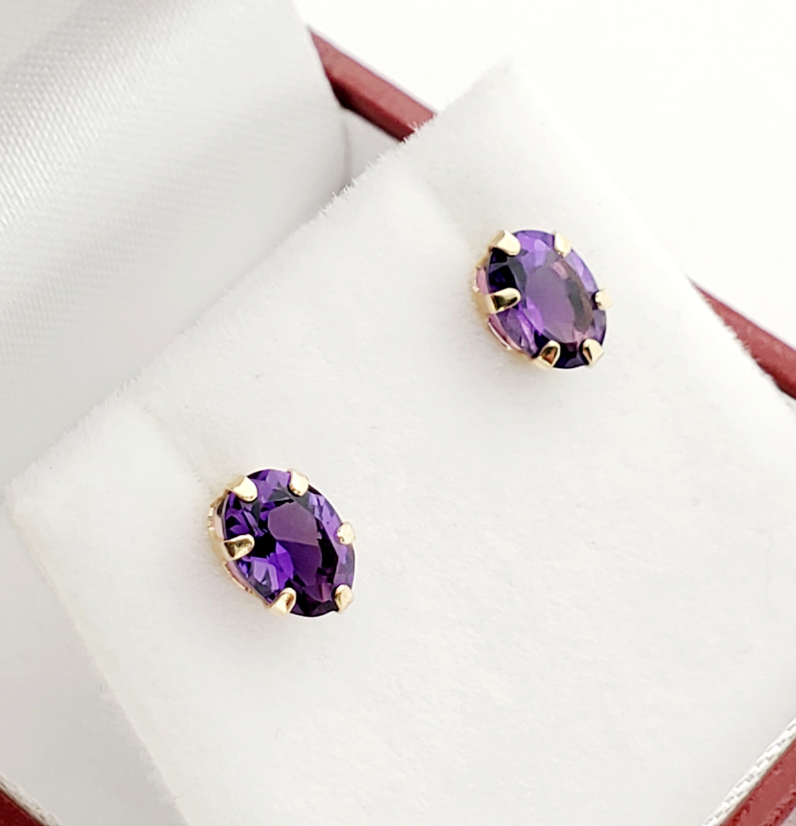 Gold Amethyst Stud Earrings | 10K Yellow Gold Genuine Amethyst 7x5mm Stud Earrings, February Birthstone, Purple Gemstone Jewelry