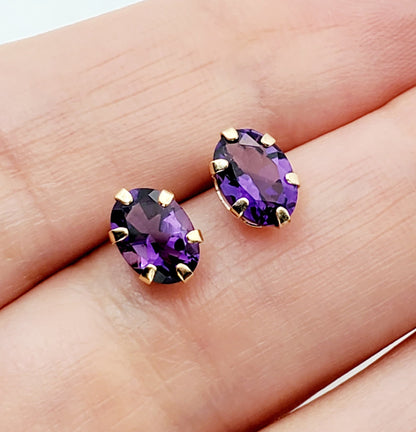 Gold Amethyst Stud Earrings | 10K Yellow Gold Genuine Amethyst 7x5mm Stud Earrings, February Birthstone, Purple Gemstone Jewelry