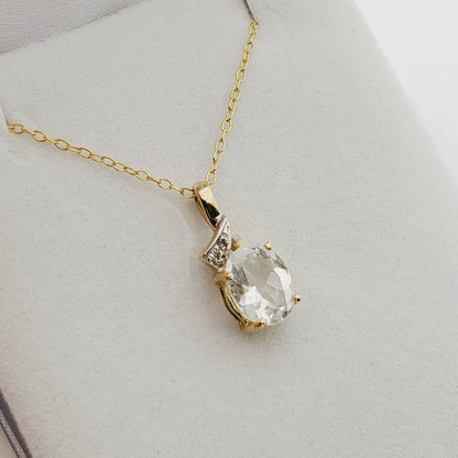 Aquamarine Pendant | 14K Yellow Gold Genuine Aquamarine 9x7mm With Diamond Pendant | Aquamarine Necklace