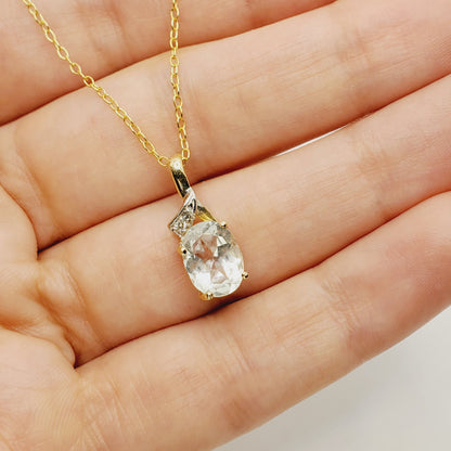 Aquamarine Pendant | 14K Yellow Gold Genuine Aquamarine 9x7mm With Diamond Pendant | Aquamarine Necklace