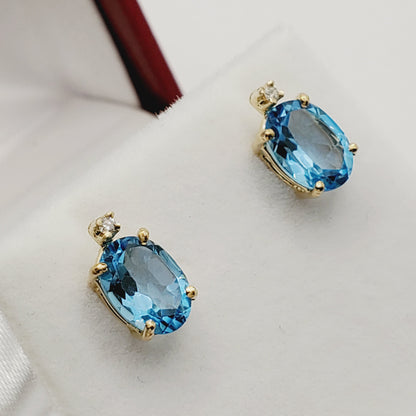 Gold Blue Topaz stud Earrings, 10K Yellow Gold Natural Blue Topaz 8x6mm With Diamonds Earrings, Earrings for women, Gift For Her