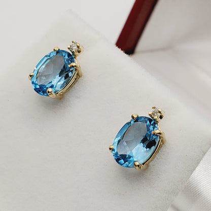 Gold Blue Topaz stud Earrings, 10K Yellow Gold Natural Blue Topaz 8x6mm With Diamonds Earrings, Earrings for women, Gift For Her