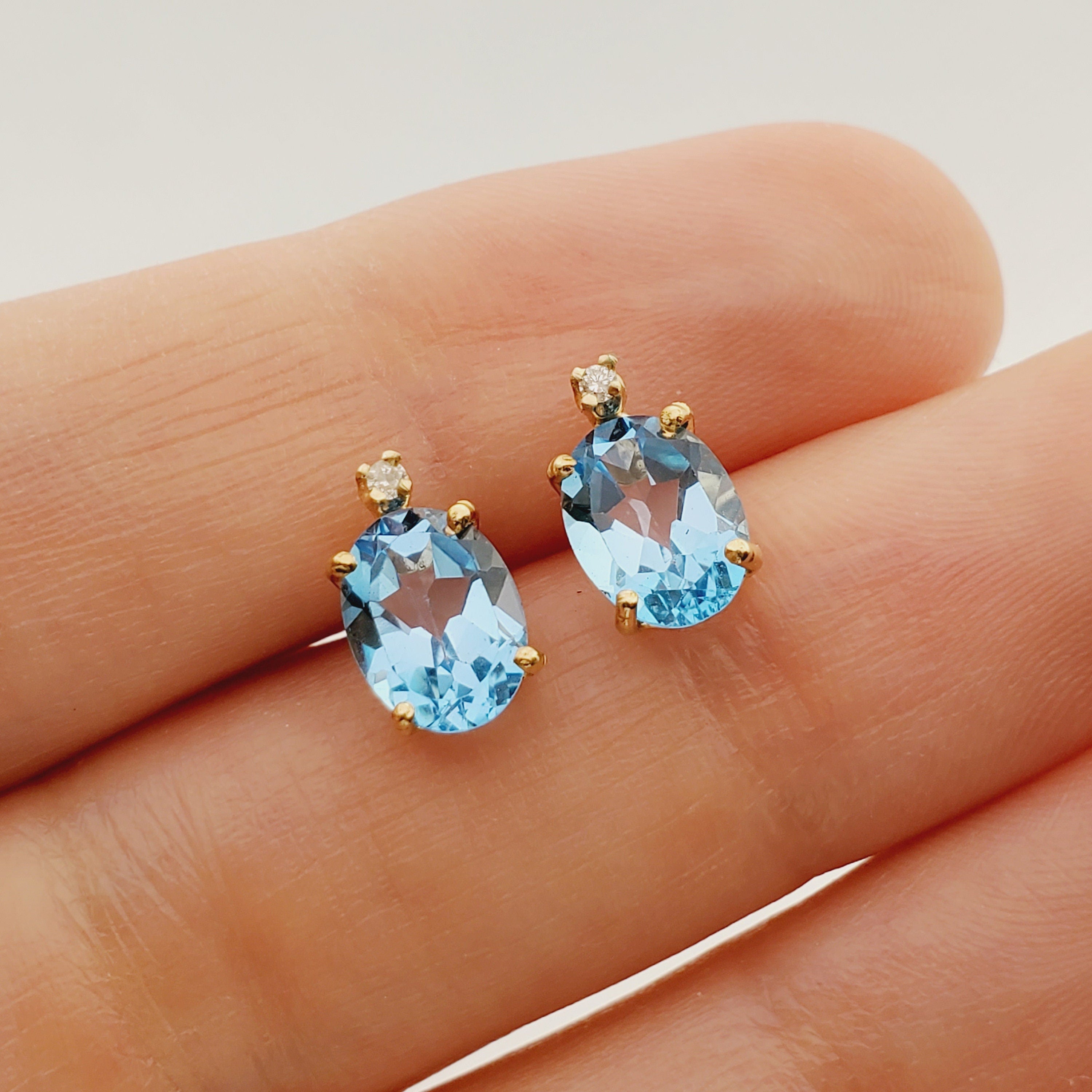 Gold Blue Topaz stud Earrings, 10K Yellow Gold Natural Blue Topaz 8x6mm With Diamonds Earrings, Earrings for women, Gift For Her