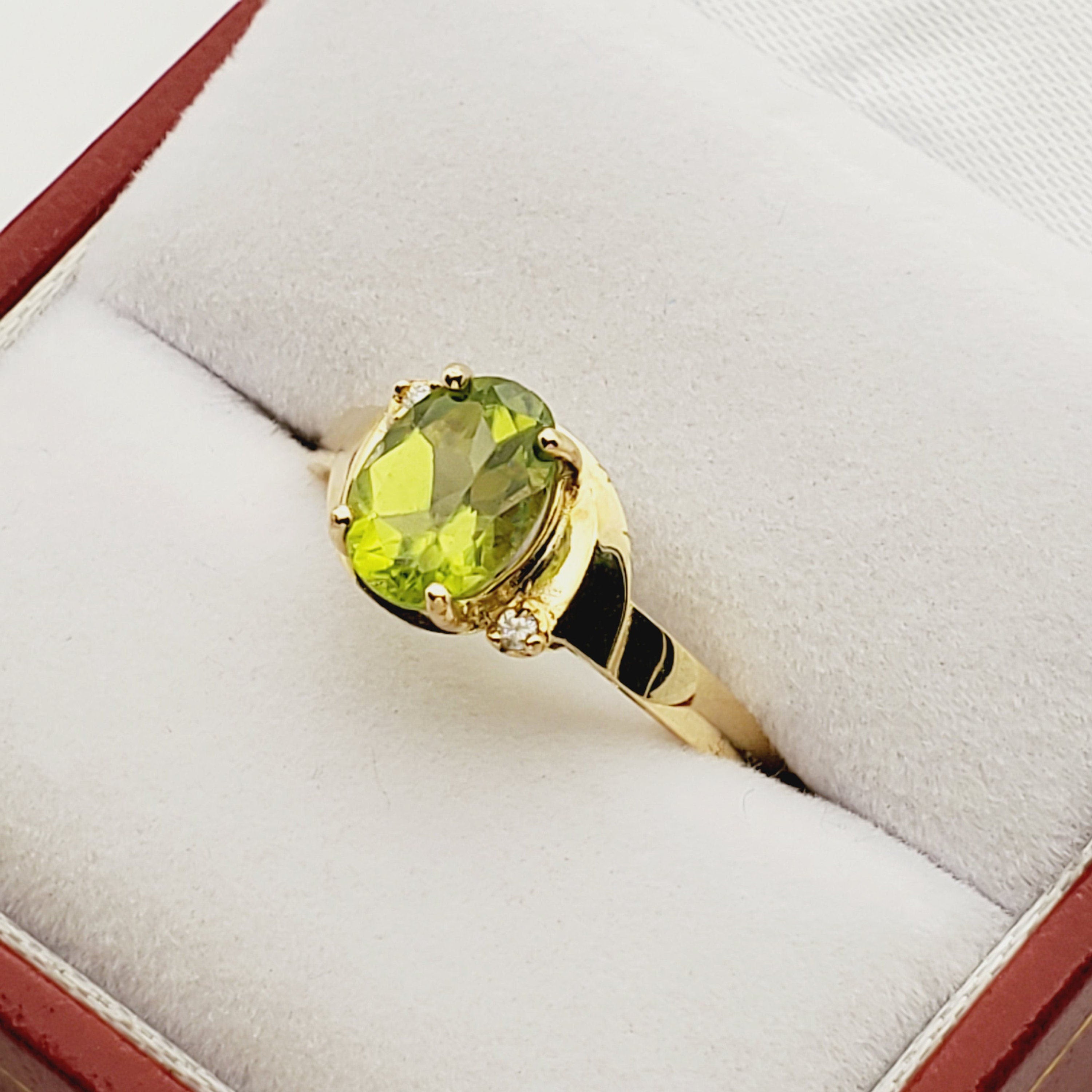 Gold Peridot Ring | 10K Yellow Gold Genuine Peridot 8x6mm With Diamond (0.02ct) Ring, August Birthstone