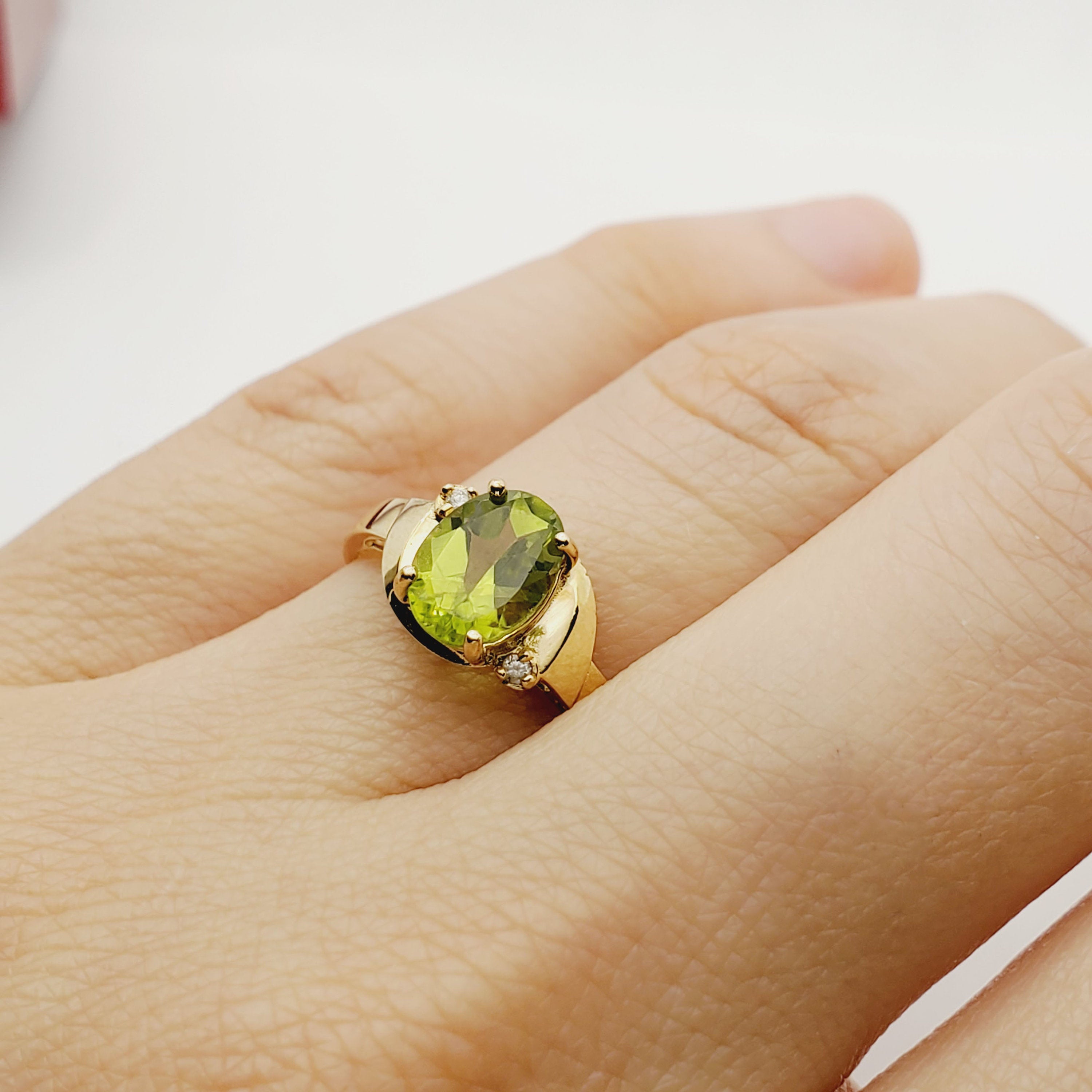 Gold Peridot Ring | 10K Yellow Gold Genuine Peridot 8x6mm With Diamond (0.02ct) Ring, August Birthstone