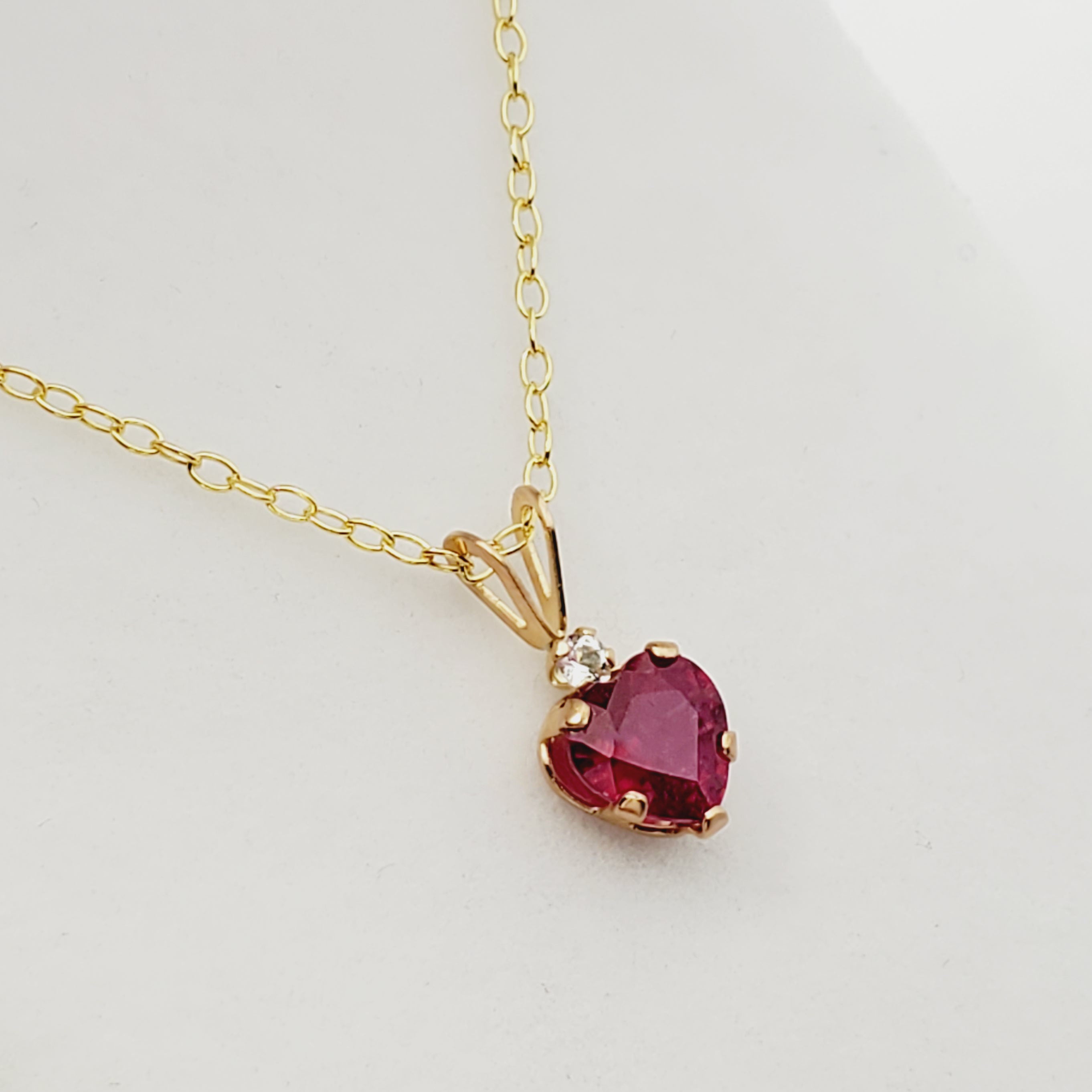 Gold Ruby Pendant Necklace, 10K Yellow Gold Heart Shape Genuine Ruby 6x6mm with White Topaz Pendant, July Birthstone
