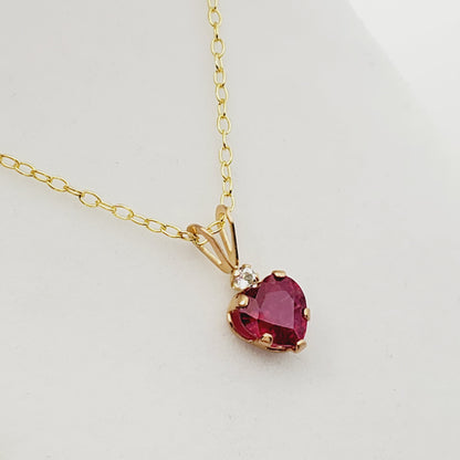 Gold Ruby Pendant Necklace, 10K Yellow Gold Heart Shape Genuine Ruby 6x6mm with White Topaz Pendant, July Birthstone