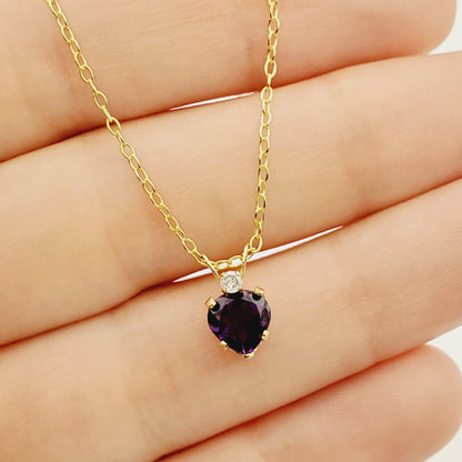 Gold Amethyst Pendant Necklace, 10K Gold  Genuine Heart Shaped Amethyst 6x6mm with Diamond  Pendant, Purple Gemstone Jewelry