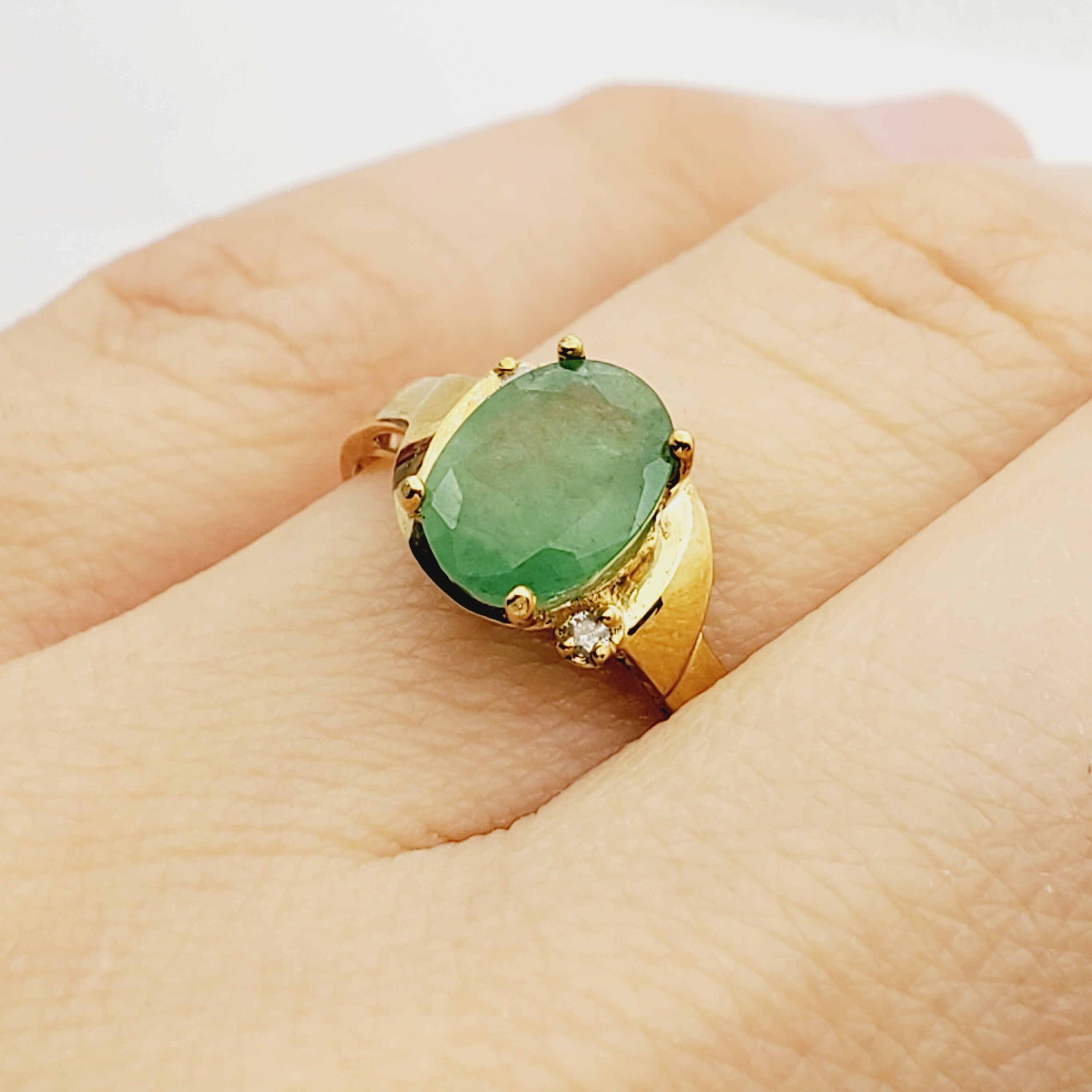 Gold Natural Emerald Ring , 10K Yellow Gold Natural Emerald 8x6mm Ring with Diamonds, May Birthstone, Emerald Jewelry, Green Gemstone Ring