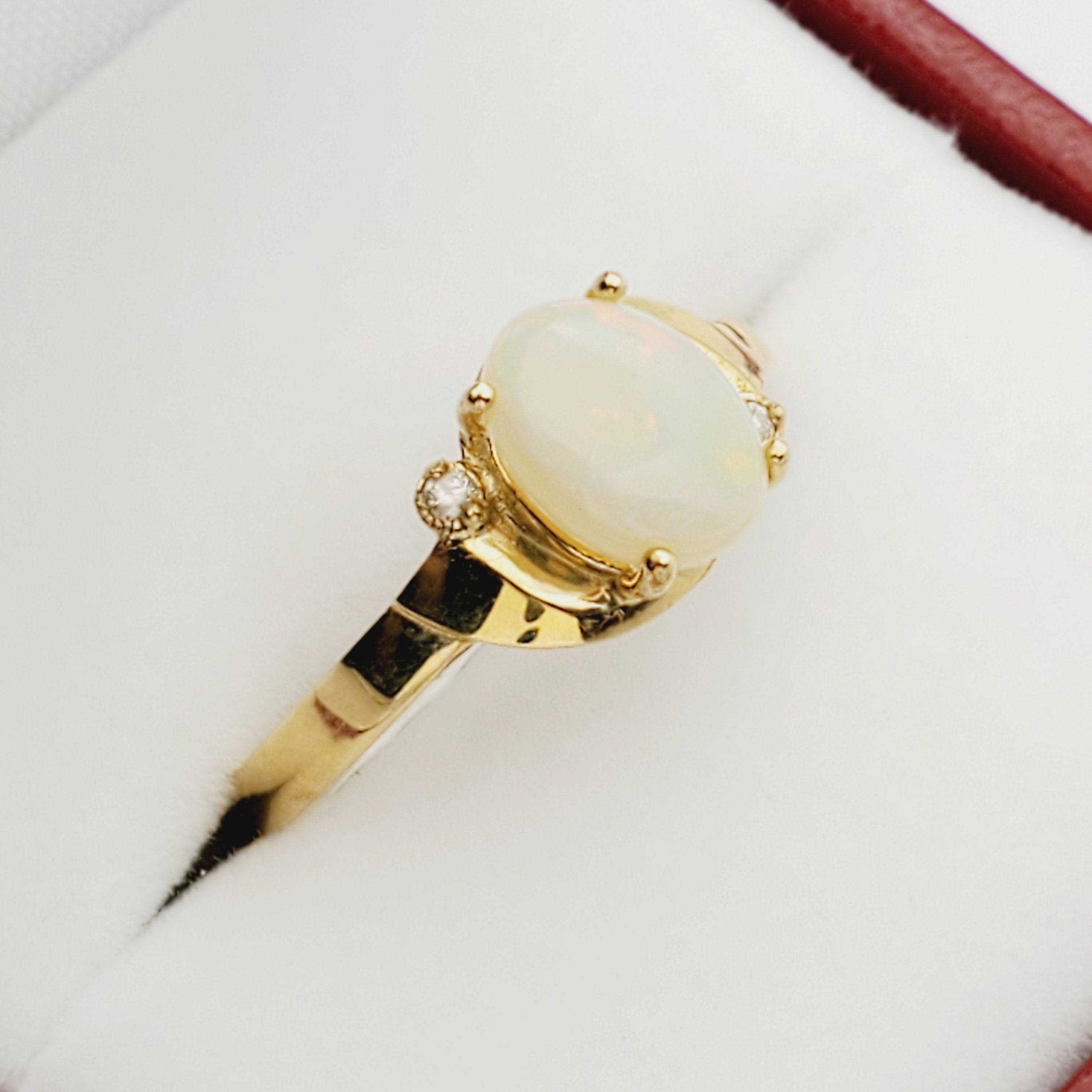 Gold Opal Ring, 10K Yellow Gold Genuine Opal 8x6mm with Diamond Ring, Gemstone Rings, Engagement Rings, Rings For Women, October Birthstone