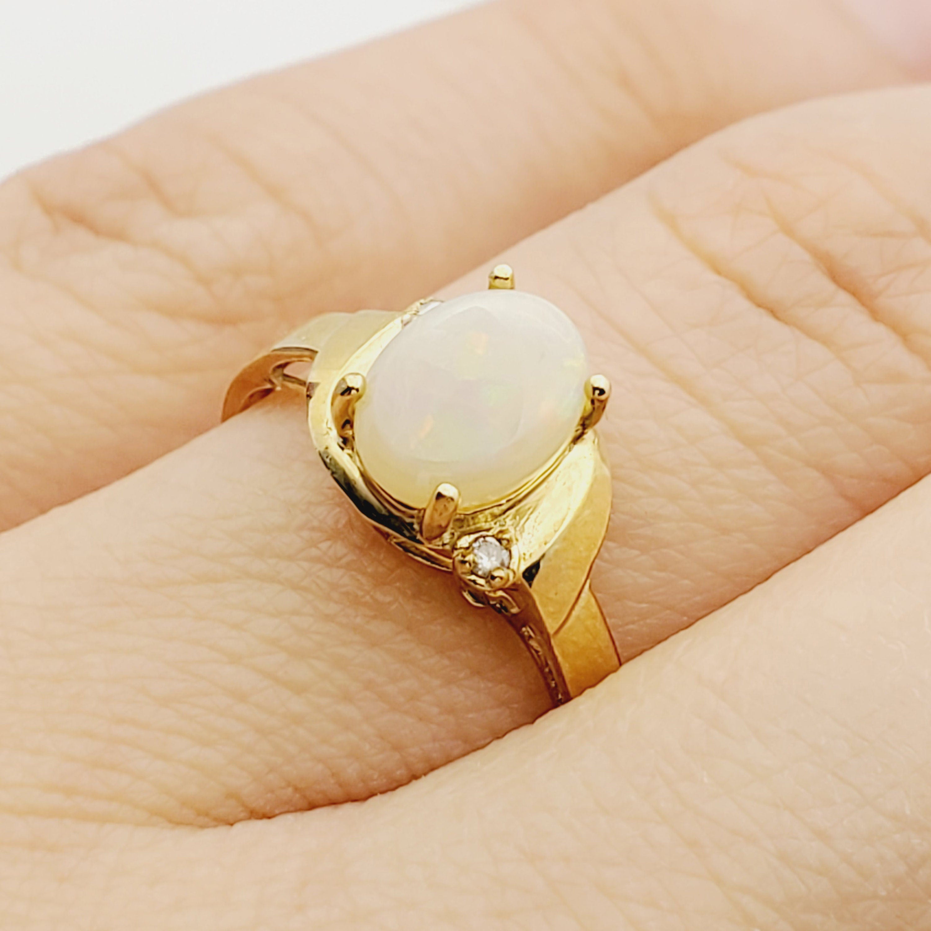 Gold Opal Ring, 10K Yellow Gold Genuine Opal 8x6mm with Diamond Ring, Gemstone Rings, Engagement Rings, Rings For Women, October Birthstone