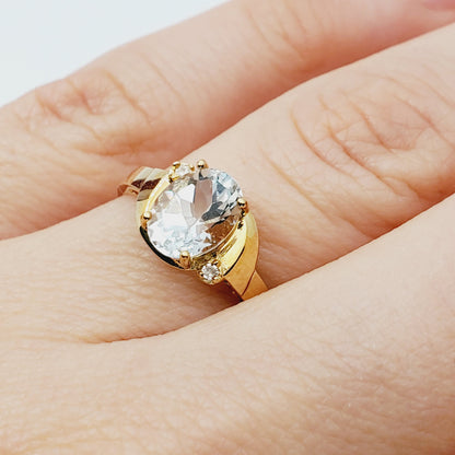 Aquamarine Ring | 10K Yellow Gold Genuine Aquamarine 8x6mm and Diamond (0.02ct) Ring