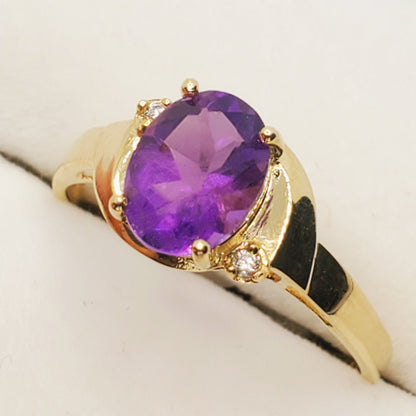 Gold Amethyst Ring, 10K Yellow Gold Amethyst 8x6mm and Diamond (0.02ct) Ring, February Birthstone, Birthstone Ring, Statement Ring