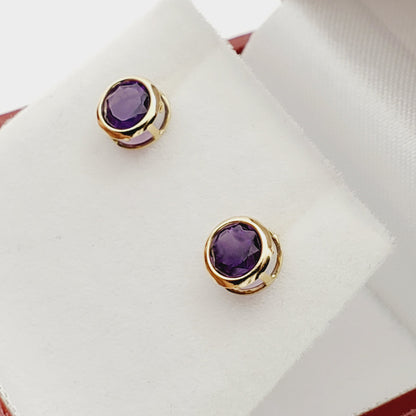 Gold Amethyst Stud Earrings, 14K Yellow Gold Genuine Amethyst 5x5mm Bezel Stud Earrings, Birthday Gift, February Birthstone