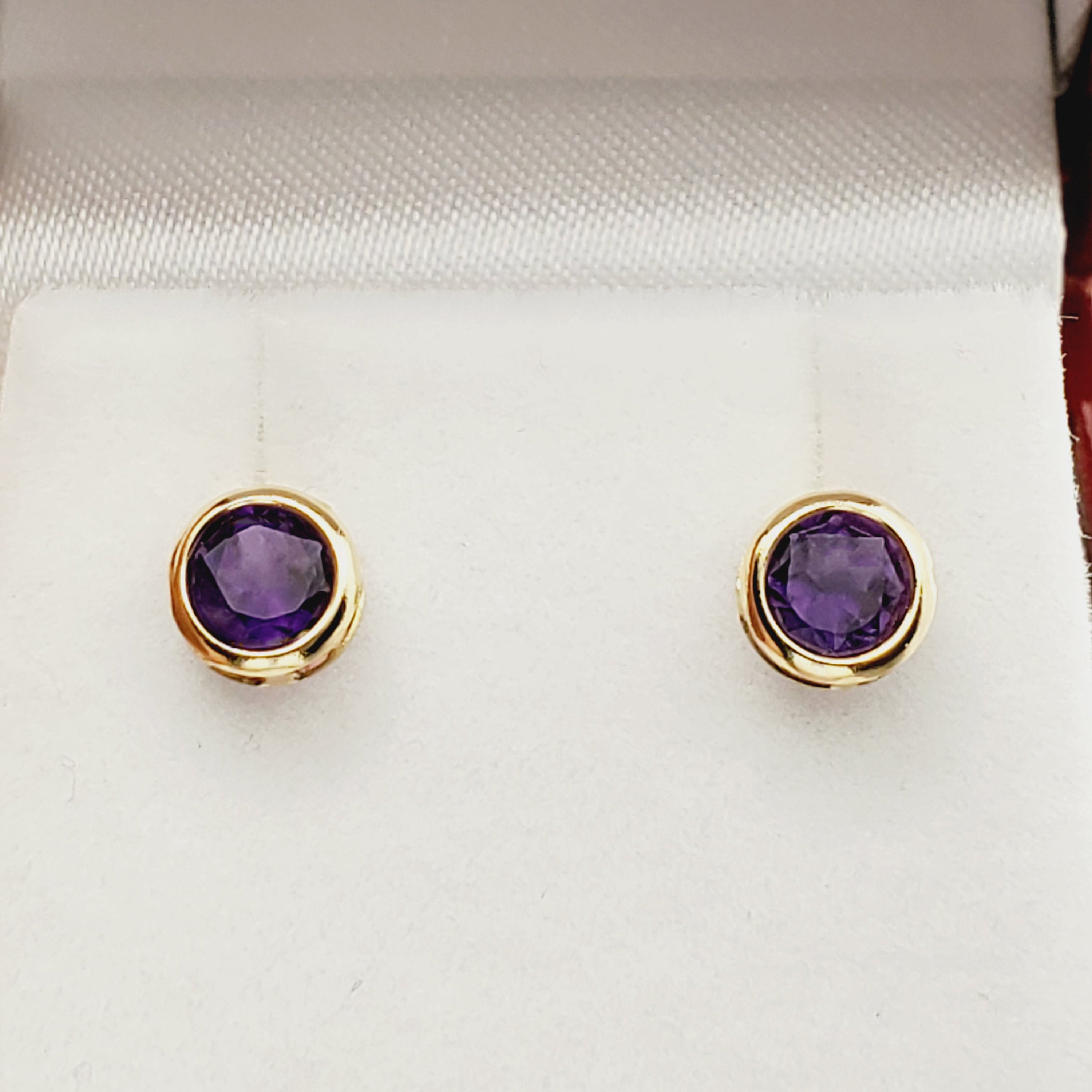 Gold Amethyst Stud Earrings, 14K Yellow Gold Genuine Amethyst 5x5mm Bezel Stud Earrings, Birthday Gift, February Birthstone