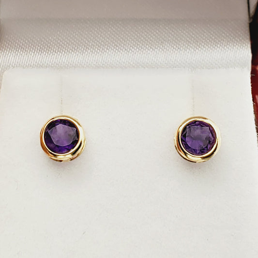 Gold Amethyst Stud Earrings, 14K Yellow Gold Genuine Amethyst 5x5mm Bezel Stud Earrings, Birthday Gift, February Birthstone