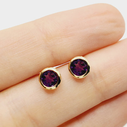 Gold Amethyst Stud Earrings, 14K Yellow Gold Genuine Amethyst 5x5mm Bezel Stud Earrings, Birthday Gift, February Birthstone