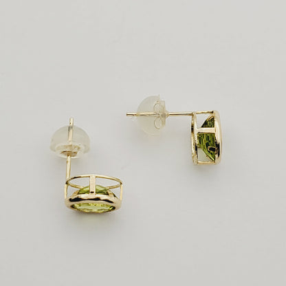 Gold Peridot Bezel Stud Earrings, 14K Yellow Gold Genuine Peridot 8x6mm Earrings, August Birthstone, Green Gemstone Earrings For Women