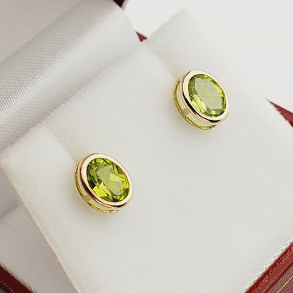 Gold Peridot Bezel Stud Earrings, 14K Yellow Gold Genuine Peridot 8x6mm Earrings, August Birthstone, Green Gemstone Earrings For Women