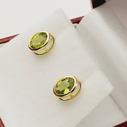 Gold Peridot Bezel Stud Earrings, 14K Yellow Gold Genuine Peridot 8x6mm Earrings, August Birthstone, Green Gemstone Earrings For Women
