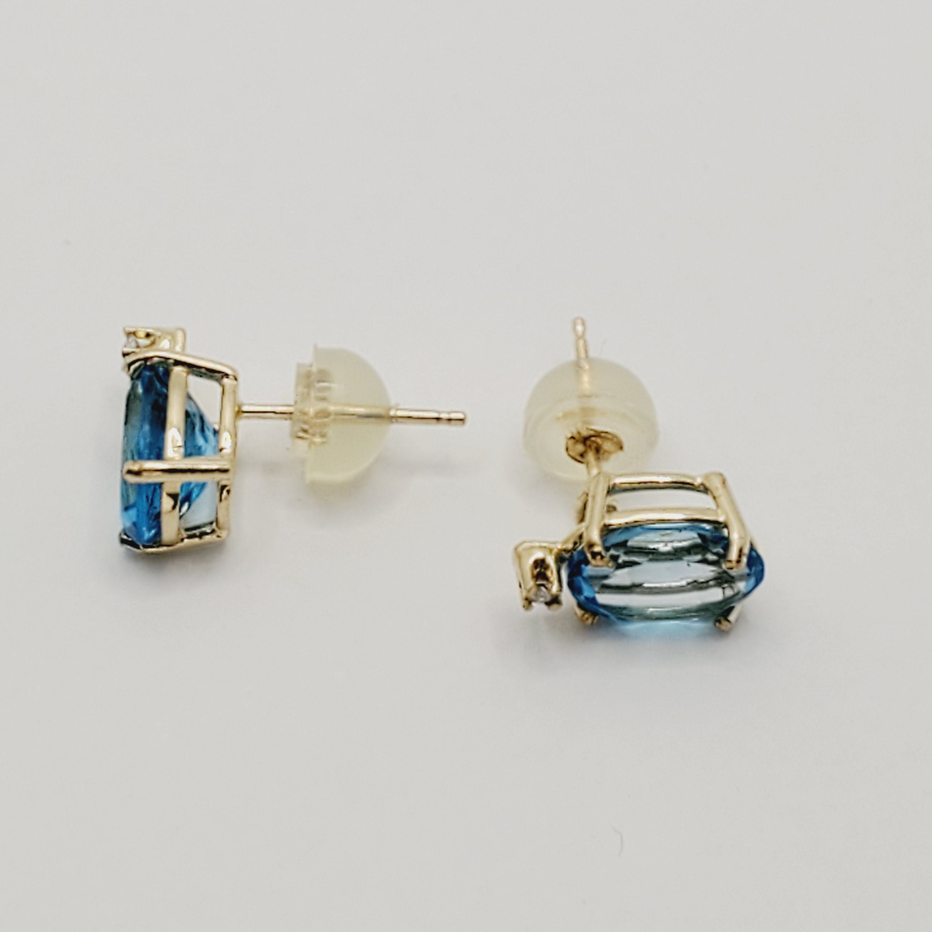 Gold Blue Topaz stud Earrings, 10K Yellow Gold Natural Blue Topaz 8x6mm With Diamonds Earrings, Earrings for women, Gift For Her