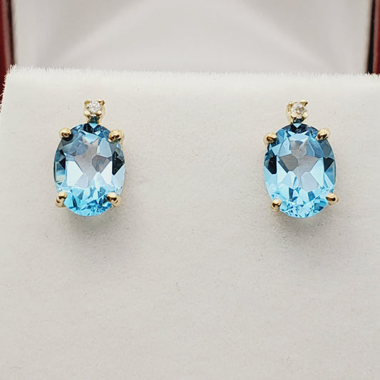 Gold Blue Topaz stud Earrings, 10K Yellow Gold Natural Blue Topaz 8x6mm With Diamonds Earrings, Earrings for women, Gift For Her