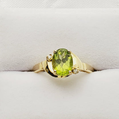 Gold Peridot Ring | 10K Yellow Gold Genuine Peridot 8x6mm With Diamond (0.02ct) Ring, August Birthstone